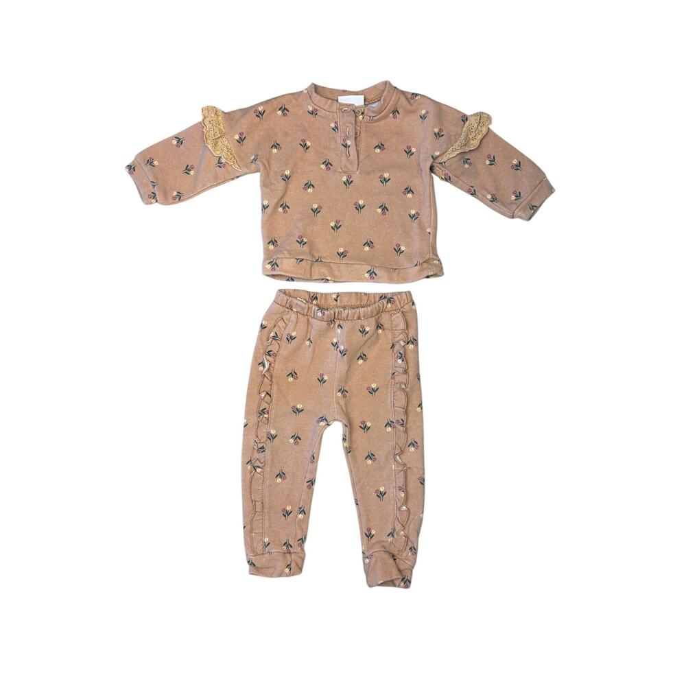 Baby Girls Nicole Miller Floral Ruffle 2 Piece Outfit 12M Sweatshirt Joggers EUC